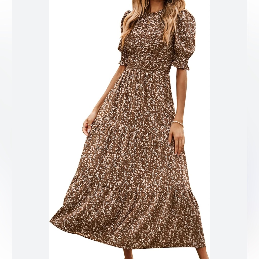 Brown Floral Maxi Dress With Puff Sleeves